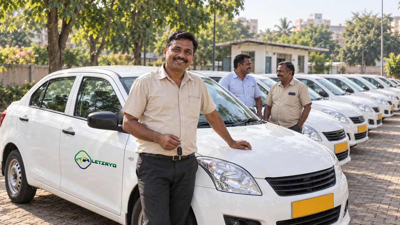 Smiling LetzRyd driver-partner holding car keys beside a line of branded fleet cars