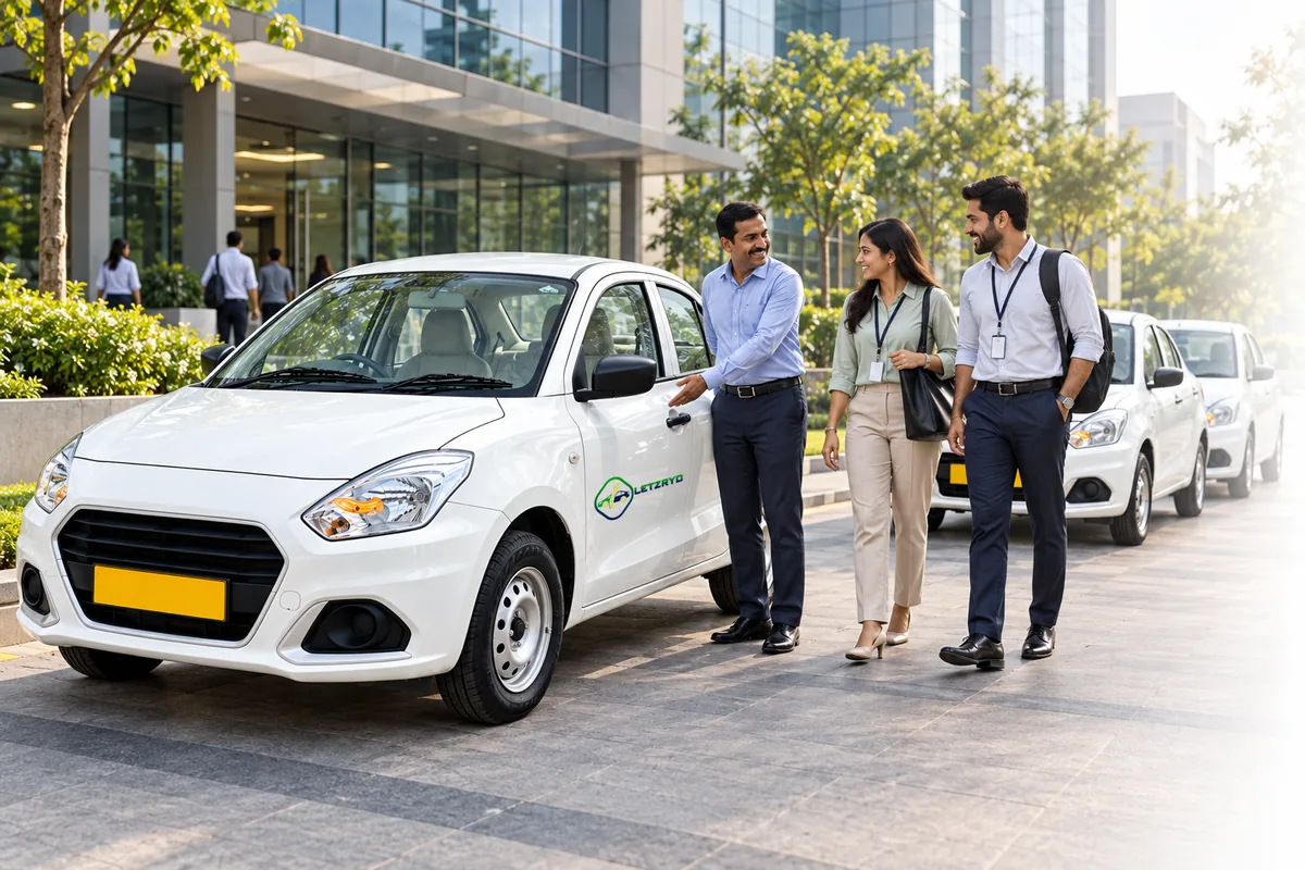LetzRyd coordinator welcoming two employees to a branded Dzire outside a corporate office