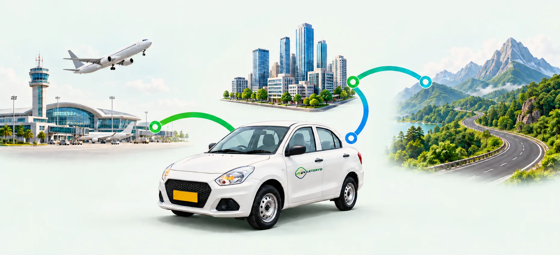 Journey from an airport through the city to a hill destination in a LetzRyd car