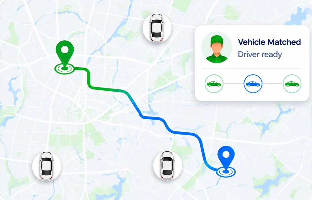 Live city map matching a nearby LetzRyd vehicle and a ready driver to a route