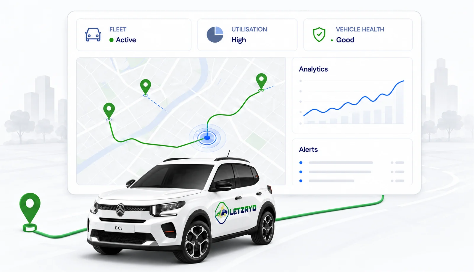 LetzRyd fleet dashboard showing live vehicle tracking on a city map alongside fleet status, utilisation, vehicle health, analytics and alerts